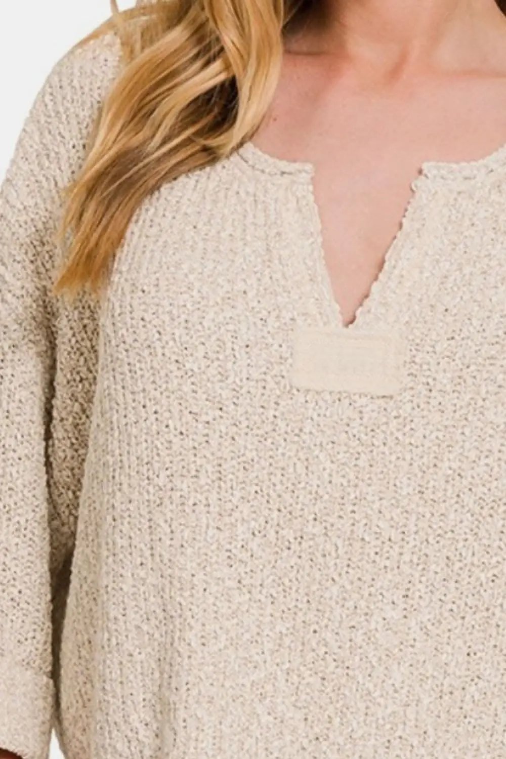 Zenana chic notched patch sweater - Love Salve